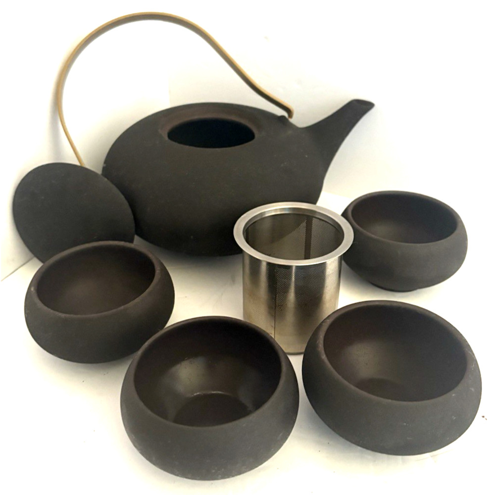 Teavana Stoneware China Teapot & 4 Tea Cups Set Dark Gunmetal Gray Pot Green Tea